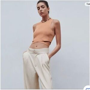 Zara Women's Orange Knit Cut Out Crop Top Blouse